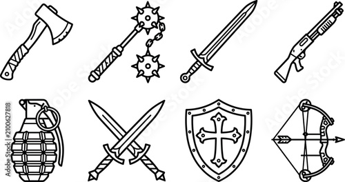 Foto Medieval and Modern Combat Weapons Line Icon Set featuring Battle Axe, Flail Mor