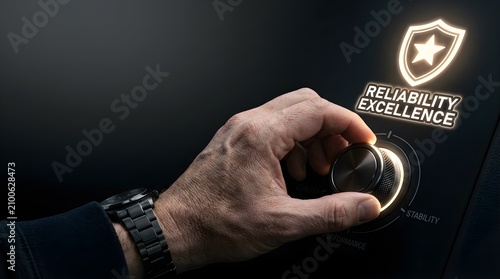 Close up of a hand adjusting a dial to maximize reliability excellence in a professional environment