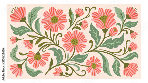 Vintage folk art floral pattern, intricate pink flower and green leaf decorative border, elegant botanical vector illustration for textile, wallpaper, and wedding invitations.