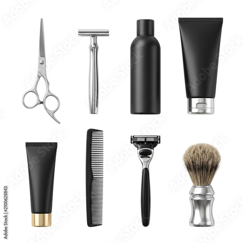 Grooming Kit: Scissors, Razors, Comb, Shaving Brush, and Skincare Products