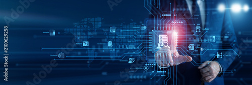 Konstfotografi Quality analyst touch of smart Assessment circuit board and evaluating crucial performance metrics on a dynamic glowing monitor