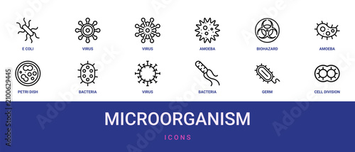 Foto Set of 12 outline web Microorganism icons such as cell division, germ, bacteria,