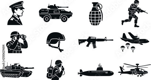 Foto Military Forces and Army Warfare Silhouette Icon Set with Soldier, Tank, Submari