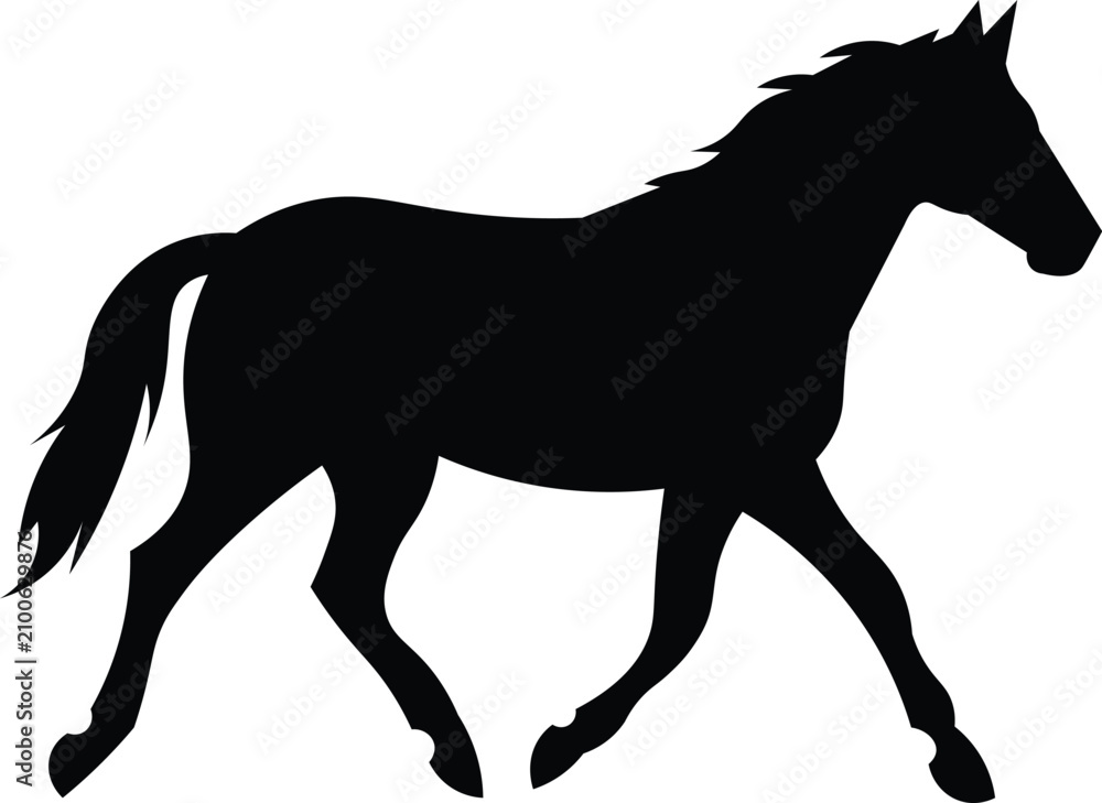 Fototapeta premium Black silhouette of a trotting horse isolated on white background with silhouette trotting isolated equestrian illustration strength domestic movement graceful majestic creature