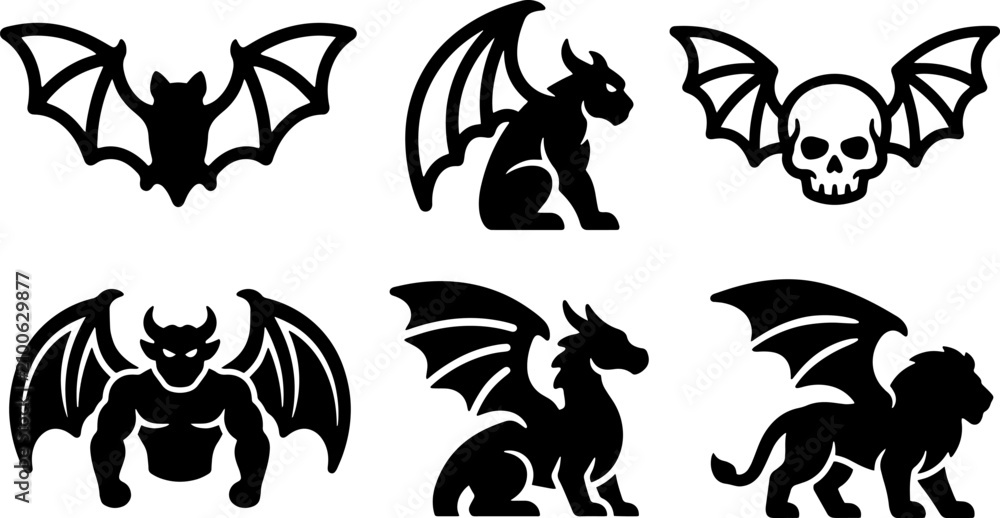 Fototapeta premium Set of fantastic creatures and halloween elements in black silhouettes