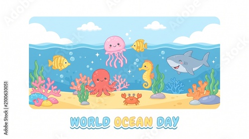 Colorful underwater ocean scene with sea creatures