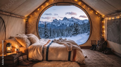 Breathtaking travel destination imagery depicting a peaceful evening in a luxury tent, surrounded by tall pine trees, fresh snow, and majestic mountains at twilight.