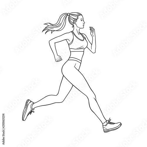 Female runner line art vector illustration cartoon woman jogging side view
