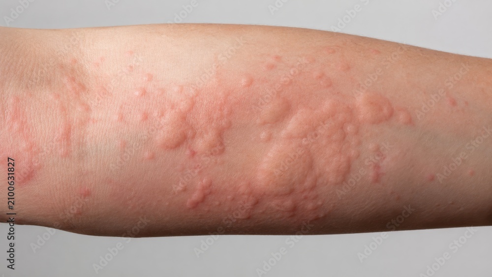 Fototapeta premium Raised red hives on forearm showing allergic skin reaction