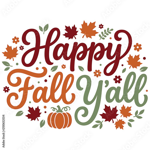 Happy fall y'all halloween vector illustration autumn typography with pumpkins leaves for seasonal designs