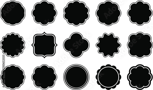 Set of fifteen assorted decorative black silhouette emblem frames and rounded labels with silhouette ornament decorative collection isolated template abstract creative branding commercial