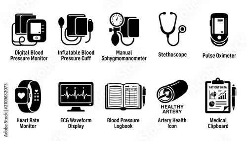 Quadro su tela Medical Devices Including Blood Pressure Monitors, Stethoscope, Pulse Oximeter,