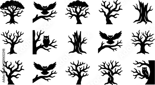 Spooky silhouette trees with owls for halloween design