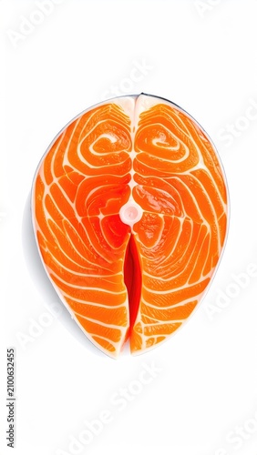 Bright orange raw fish steak with white fat marbling on white