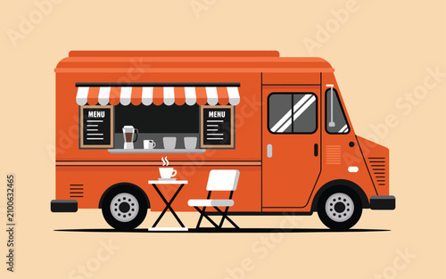 Foto Vector illustration of a mobile orange cafe food truck with outdoor furniture