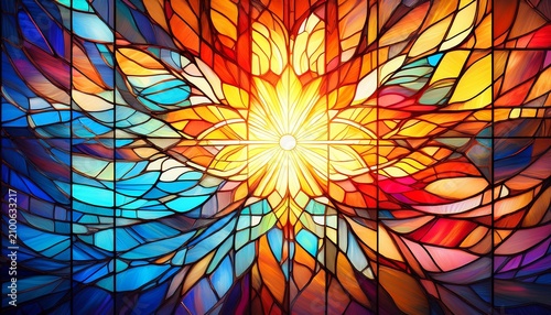 Stained Glass Window Sunlight Rays Vibrant Colors Spiritual Glow Abstract Light Effect