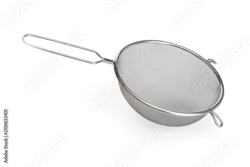 Metal stainless colander isolated on white background