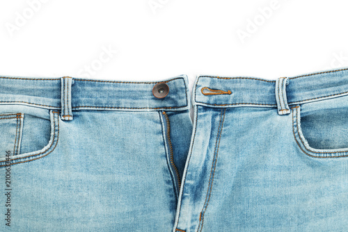 Blue jeans denim trousers close up isolated on white background