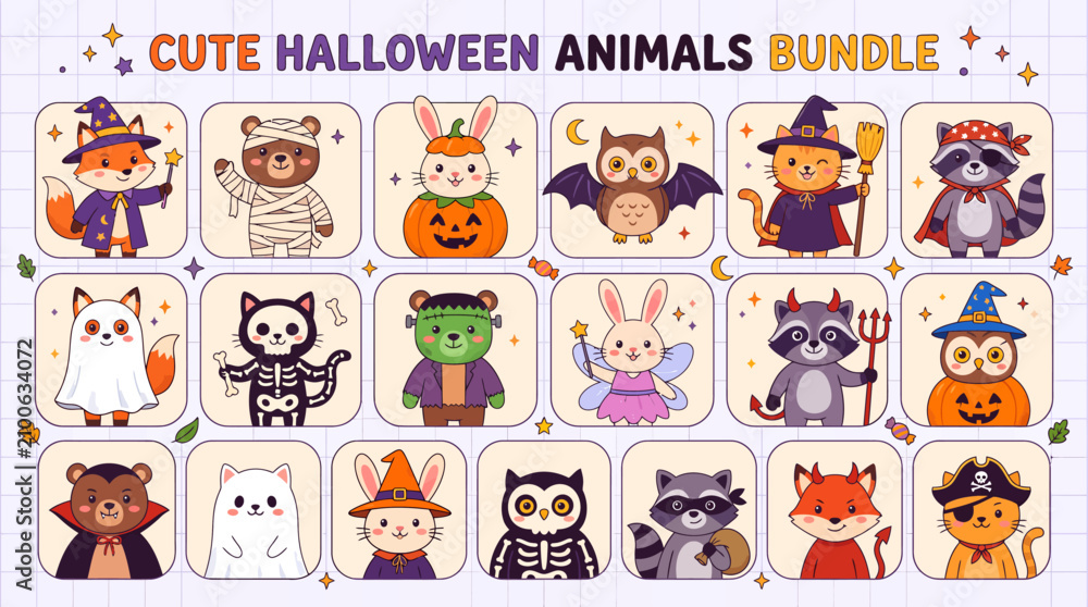 Fototapeta premium Cute Halloween Animals Bundle with Funny Costume Characters, Kawaii Cartoon Vector Clipart Collection for Seasonal Design