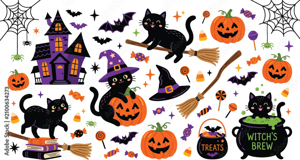 Fototapeta premium Festive halloween day illustration spooky cats pumpkins witch's brew and halloween decorations for celebrations