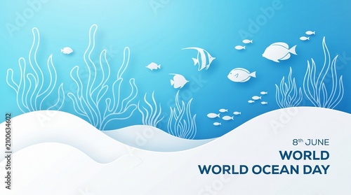 World ocean day underwater scene with fish and seaweed