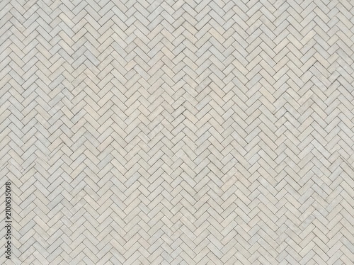 Light grey herringbone paving stones, outdoor ground texture with interlocking bricks, pale pathway surface