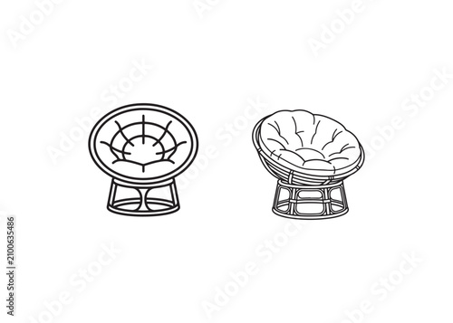 Two black and white line drawing egg chairs and ottomans side by side