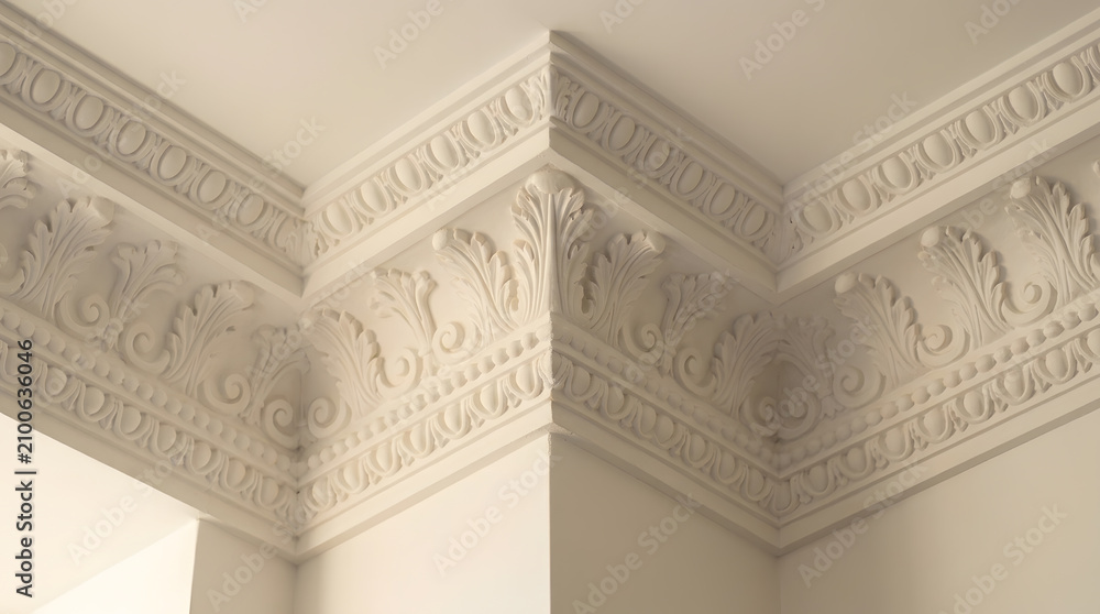 Fototapeta Decorative ceiling cornice installation | Classic ornate crown molding | Luxury plaster interior architectural details | Victorian style ceiling trim design