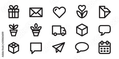 Professional e-commerce logistics icon set with delivery vehicle gift box and communication symbols for web design.