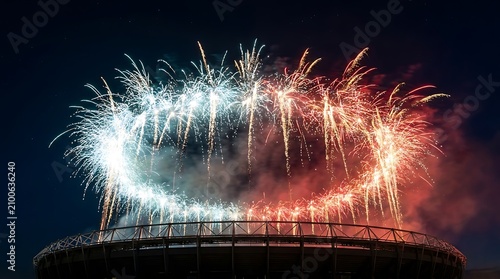Spectacular night fireworks display forming a large colorful ring over a stadium.
