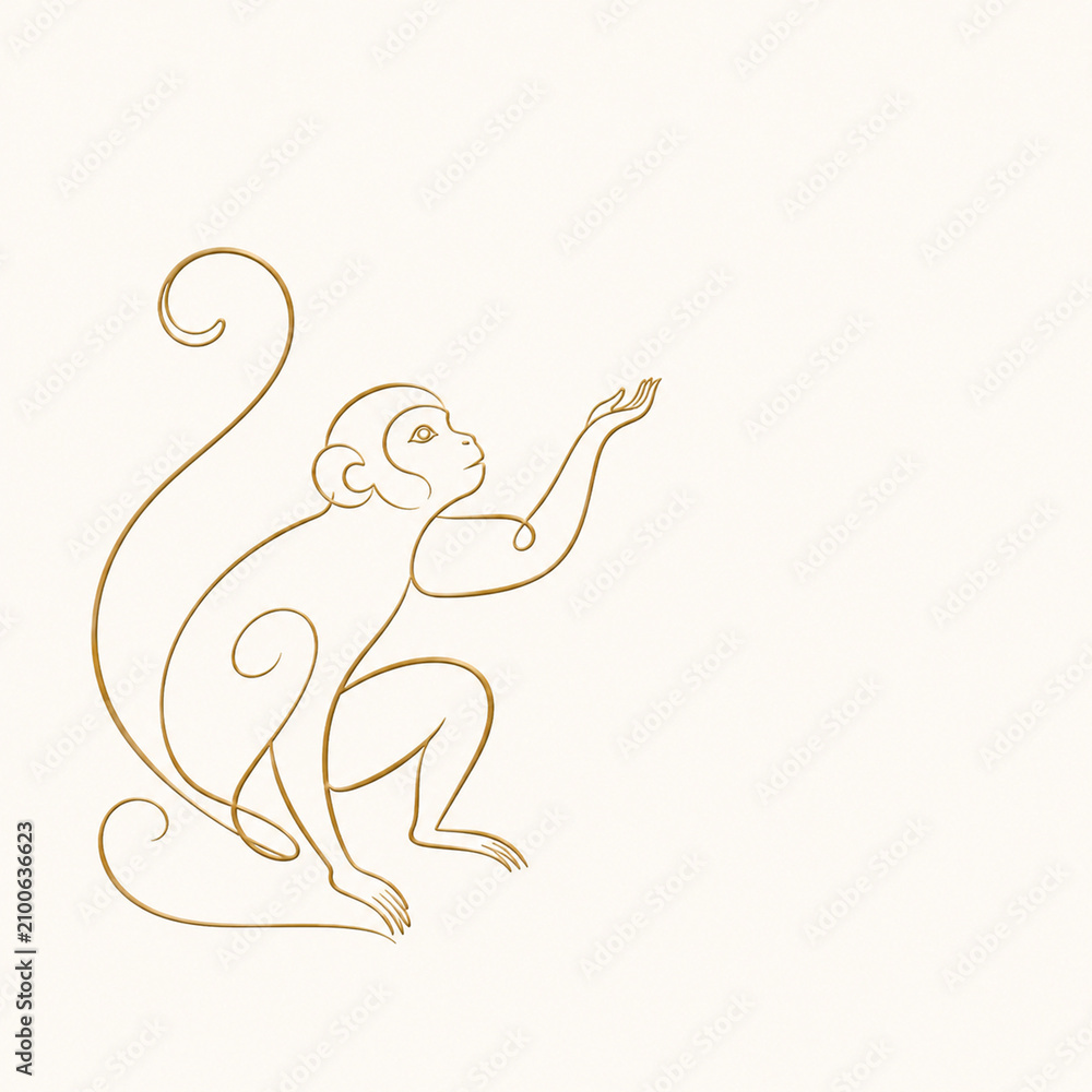 Naklejka premium Minimalist Golden Monkey Line Art with Copy Space on Cream Background