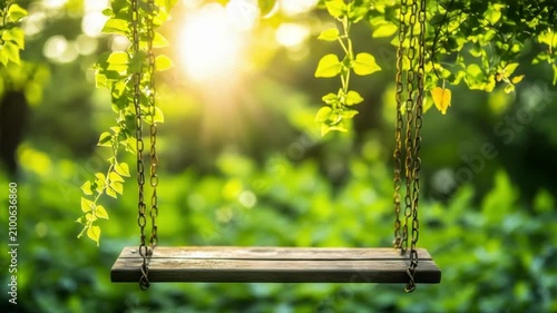 Empty wooden swing hangs from chains under green leaves with bright sunlight, autumn background for childhood.