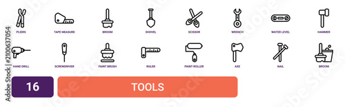 Foto Set of 16 outline web Tools icons such as broom, nail, axe, paint roller, ruler,