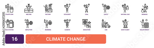 Schilderij op canvas Set of 16 outline web Climate Change icons such as solar energy, save the planet
