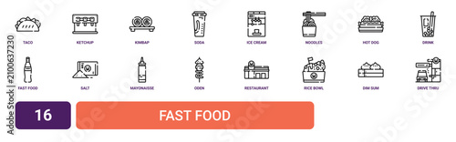 Tableau sur toile Set of 16 outline web Fast Food icons such as drive thru, dim sum, rice bowl, re