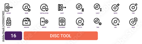 Photos Set of 16 outline web Disc Tool icons such as read, add, ting, delete, document,