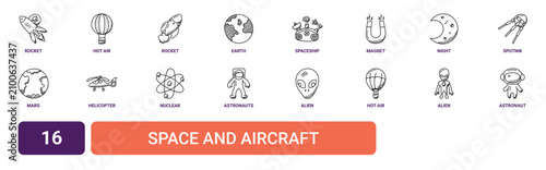 Set of 16 outline web Space and Aircraft icons such as astronaut, alien, hot air balloon, alien, astronauts, nuclear, helicopter vector icons for report, presentation, diagram, web design, mobile app