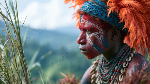 A close up shot capturing a young papua new guinean boy dressed in traditional ceremonial wear, seated in a natural outdoor setting. Ai generated