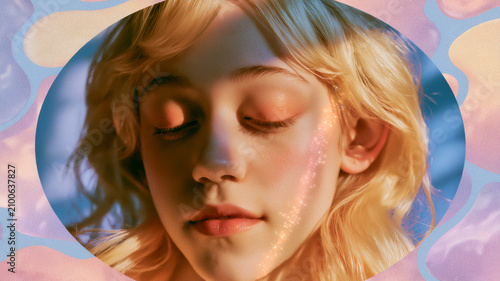 A digital collage centered around an oval frame. inside the frame is a close up portrait of a blonde woman looking downwards with her eyes closed. Ai generated