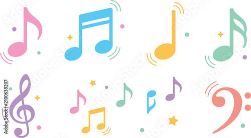 Cuadro en lienzo Colorful Pastel Musical Note Icon Set Featuring Treble Clef Bass Clef Quaver Sem
