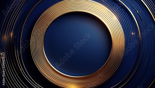 Abstract Modern Luxury Dark Blue Circle Shape And Golden Ring With Gold Glitter Ribbon Lines On Dark Background