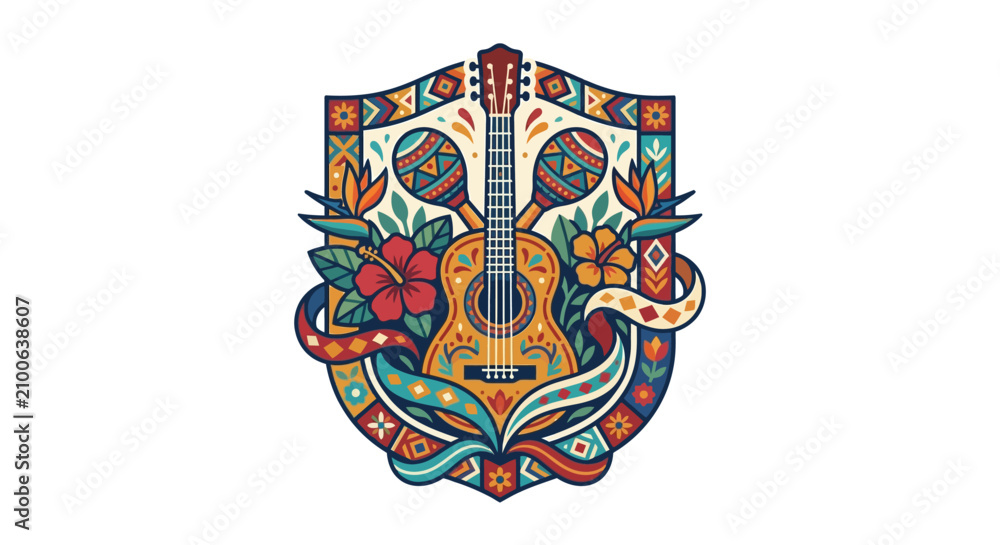 Obraz premium Creative Vibrant of a Guitar Inside an Ornate Shield with Floral and Geometric Patterns in Warm Colors