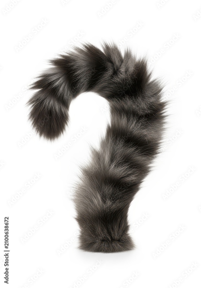 Obraz premium Fluffy Dark Grey Animal Tail Shaped Like a Question Mark Symbol Isolated on White Background