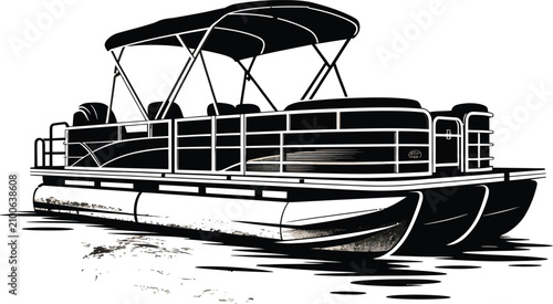 Black silhouette of a modern pontoon boat with canopy on white background for design and decoration purposes