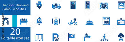 Back to School Transportation and Campus Facilities Glyph Icons Set