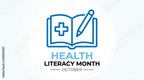 Health literacy month banner with open medical book and pencil icon on white background design