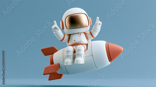 This is a 3d digital artwork of a small cartoon astronaut riding a sleek toy rocket ship. the astronaut is wearing a white suit with orange accents. Ai generated