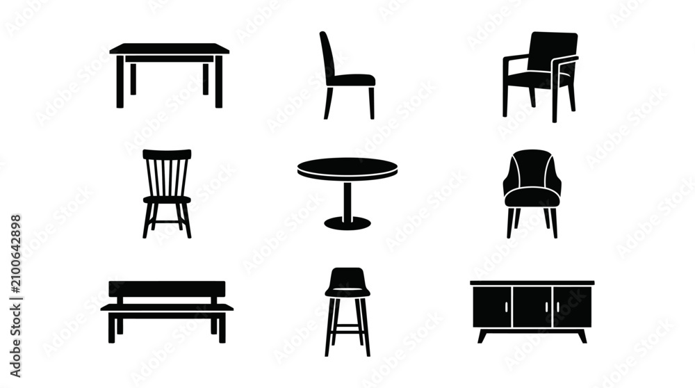 Fototapeta premium Basic furniture and seating silhouette icon set.
