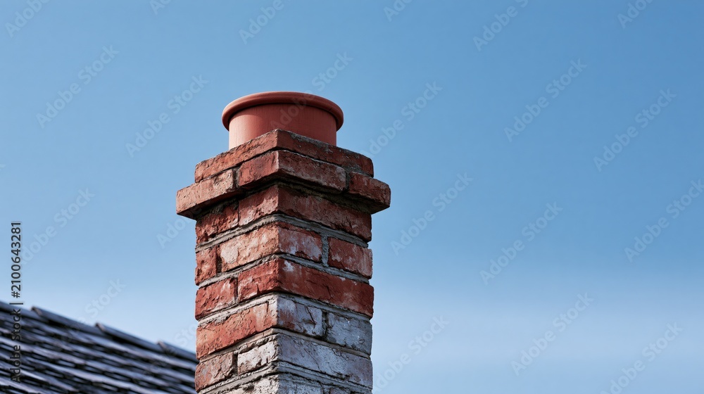 Obraz premium Close-up view of a weathered red brick chimney with a terracotta cap against a clear blue sky