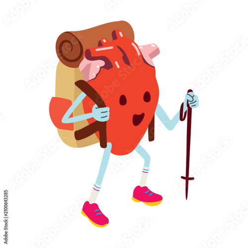 Cheerful healthy heart character walking with camping gear and walking stick. Ideal illustration for cardio workout promotions, outdoor adventure blogs, wellness coaching, and pediatric cardiology.